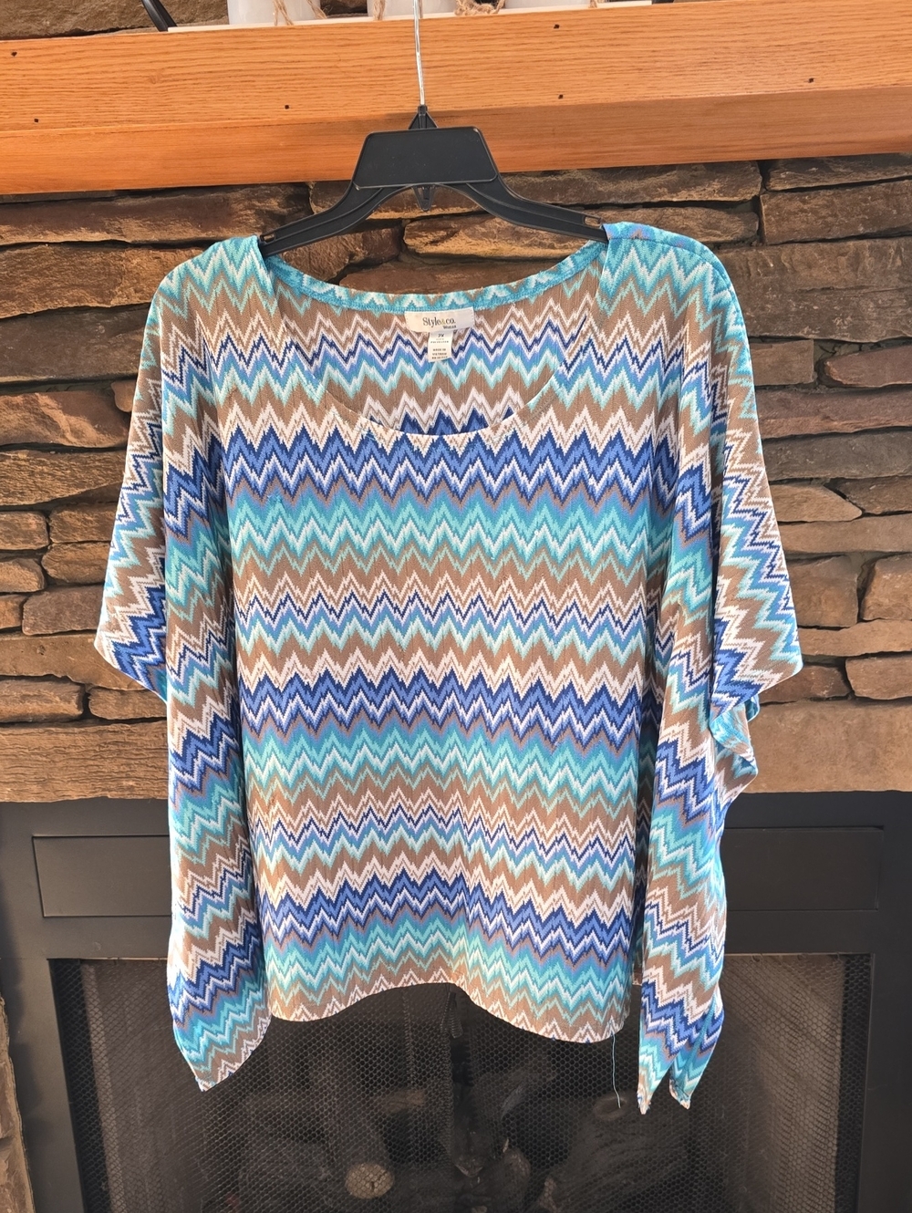 Style & Co. Blue, Tan & White Chevron Tunic Top